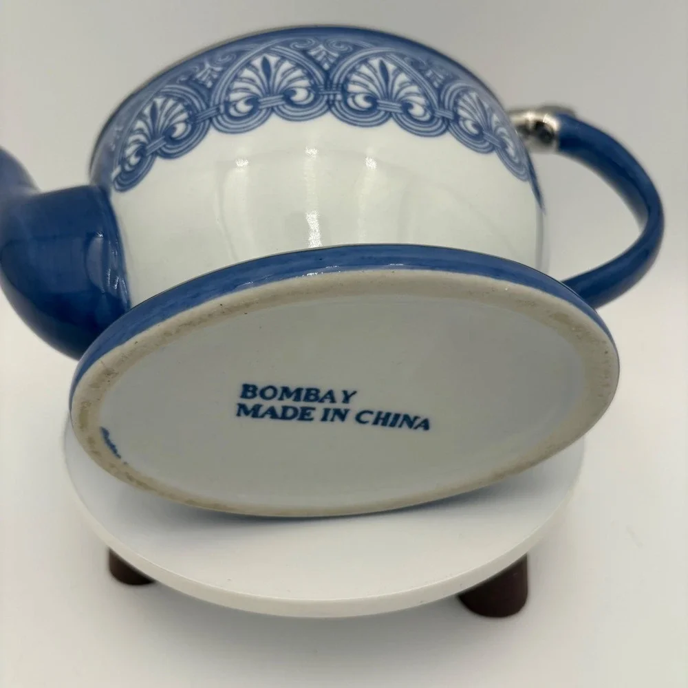 Bombay Blue White Silver Trim‎ Ceramic Teapot Decorative VTG